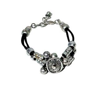 Chunky Bracelet Black Leather Cord Metal Pamplona Spain 8 1/2"